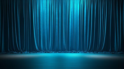 An empty theater stage adorned with luxurious blue velvet curtains.
