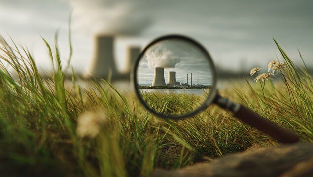 A close-up view of a magnifying glass focusing on a distant industrial building with smokestacks in a grassy field under a cloudy sky
