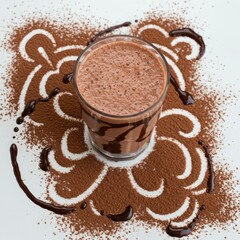 Chocolate Smoothie in Clear Glass on Cocoa Powder Design Background