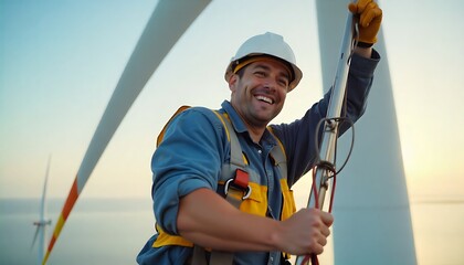 Smiling wind turbine technician climbing the structure, embodying clean energy, sustainable innovation, and environmental responsibility