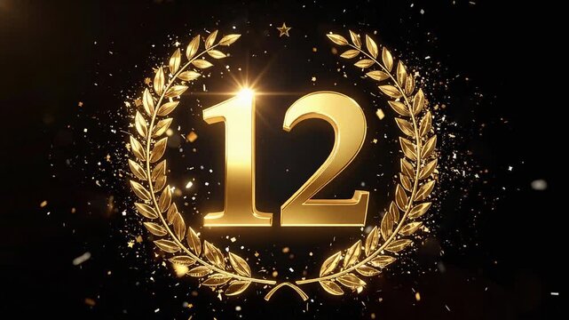 Golden Number 12 Anniversary Laurel Wreath Loop Video　黒地に金色の12周年記念イメージ　月桂冠と数字の12が輝く　シームレスループ動画