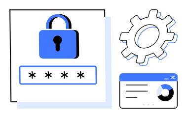Lock icon, password field, gear, and web analytics interface. Ideal for cybersecurity, system security, data protection, settings online privacy IT management technology themes. Minimal flat