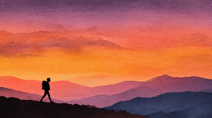Obraz premium A silhouette of a hiker against a vibrant sunset, showcasing the beauty of nature and the adventure of exploration in a mountainous landscape.