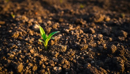 A tiny green seedling emerges from the rich, dark soil of a farm field, symbolizing new life, growth, and the promise of a future harvest