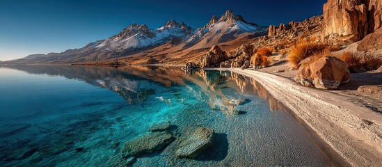 Serene mountain lake reflecting the peaks
