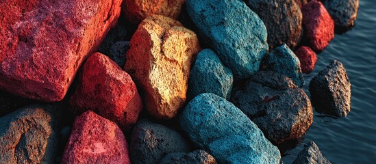 Vibrant colorful rocks by water