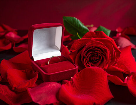 Romantic surprise proposal with engagement ring nestled in velvet box surrounded by vibrant red roses and petals creating intimate Valentine's Day moment
