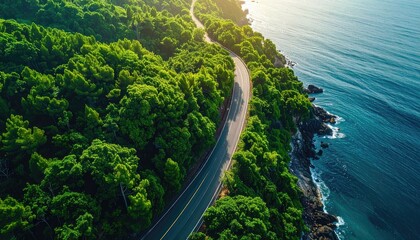 Aerial View Of A Winding Road Through Lush Green Forest Beside A Sparkling Blue Ocean Under Golden Sunlight