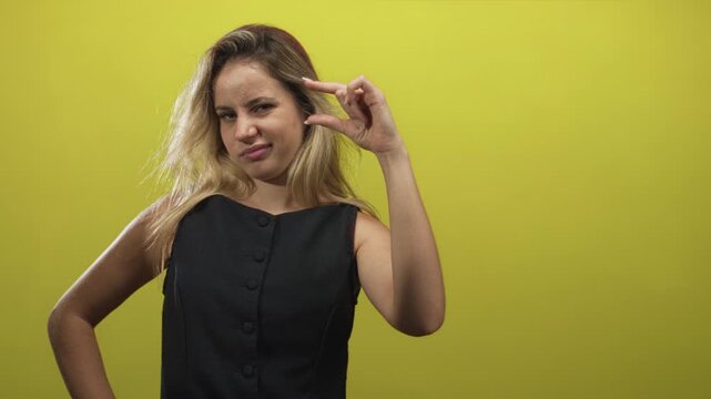 Woman pinching fingers near face with hand raised in studio against lime yellow wall showing a small size gesture; disgust.