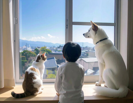 高台にある家の窓から外を眺める子供と猫と犬