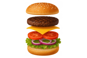 Burger with bun, beef patty, cheese, tomato, lettuce, and onion separated and floating, highlighting fresh ingredients