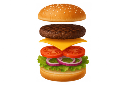 Burger with bun, beef patty, cheese, tomato, lettuce, and onion separated and floating, highlighting fresh ingredients