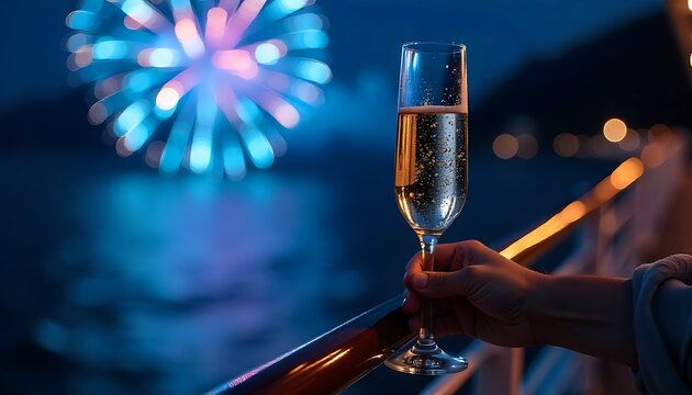 Celebrate with champagne as vibrant fireworks explode against a dark blue sky, perfect for special occasions and luxury events