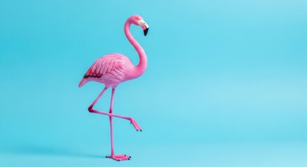 Fototapeta premium Pink Flamingo Standing on One Leg Against a Blue Background.