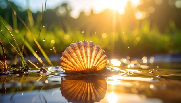 Close up Of A Seashell In Water During A Golden Sunset With Lens Flare And Ripples