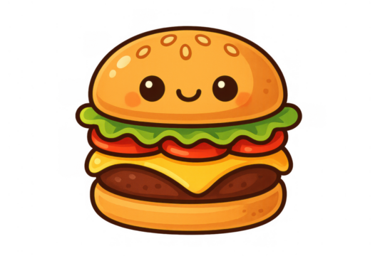 Happy kawaii burger character illustration smiling, representing fast food, eating, and fun with a transparent background