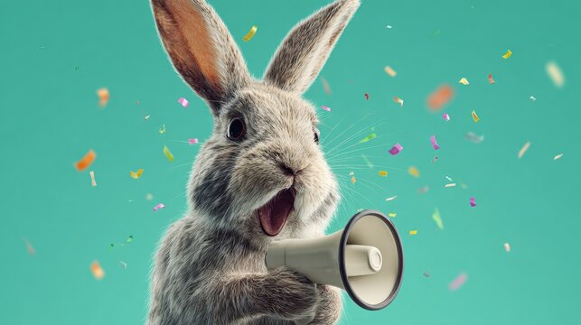 A cute rabbit holding a megaphone with colorful confetti falling around it against a vibrant turquoise .