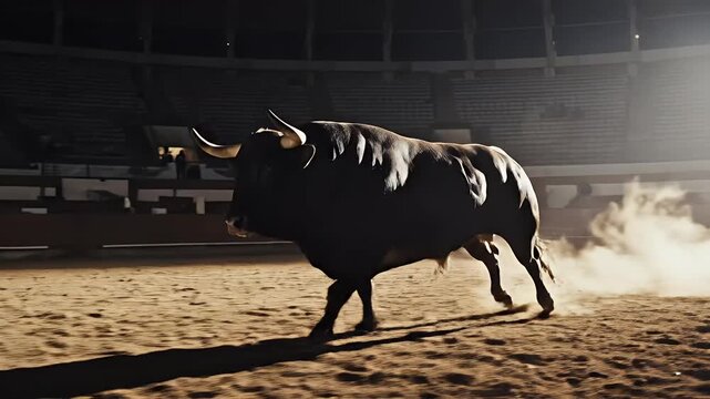 A fierce and powerful fighting bull charges through a dusty Spanish arena, its muscular form illuminated by dramatic spotlights