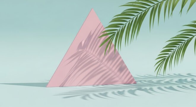 Pink Triangle with Palm Leaf Shadow on Light Blue Background.
