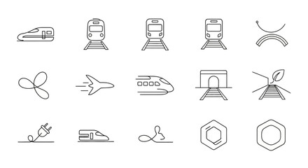 Collection of train and transportation related line icons.