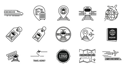 A collection of black and white line art icons representing various aspects of travel and transportation, including trains, airplanes, luggage, passports, tickets, and travel destinations.