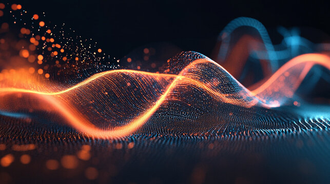 Abstract waveforms flow over a dark gradient background symbolizing energy movement rhythm and the visualization of sound or digital signals representing modern technology and dynamic design