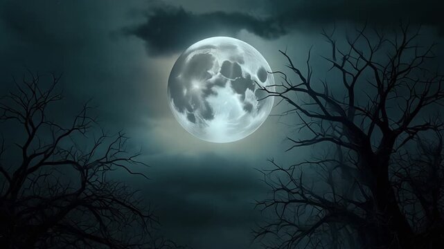 The bright full moon casts a ghastly glow over silhouetted, spooky, bare trees. Creates a dark, chilling, and haunted atmosphere.