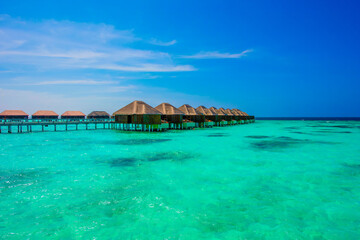 Beautiful Panorama. Summer vacation, holiday amazing nature. Relax paradise, Maldives. Tropical island beach landscape exotic shore coast. Tranquil closeup calm sea water waves with palm trees. 