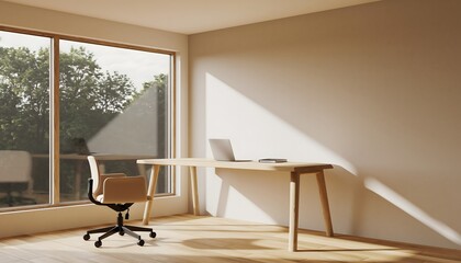 Minimalist home office interior with a wooden desk and chair bathed in bright natural sunlight from a large window