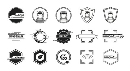 A collection of black and white vector icons and logos related to high-speed rail, railway transport, and eco-friendly technology.