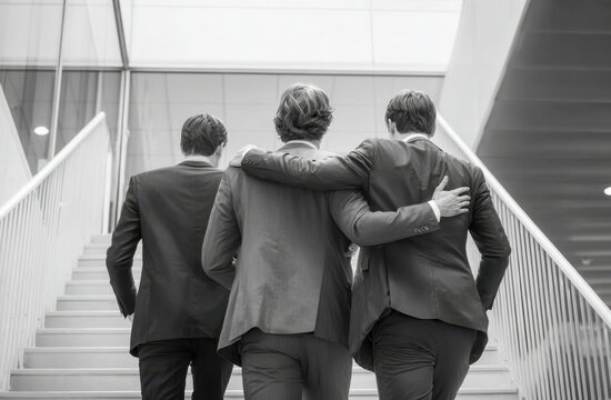 Three business professionals walking up a staircase with one person having their arm around another in a modern building