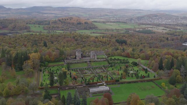 Aerial view of Drummond Castle Gardens located in Scotland