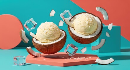 Refreshing Coconut Ice Cream Scoops with Ice Cubes and Coconut Shavings.