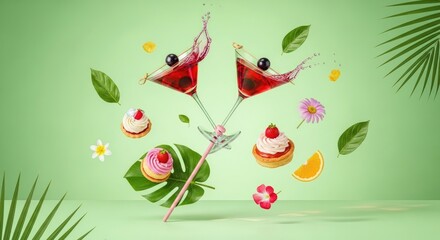 Refreshing Summer Cocktails and Desserts Floating in a Vibrant Green Setting.