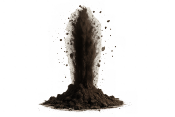 Dirt exploding upwards from impact, creating a dynamic dust cloud with flying soil particles on a transparent background