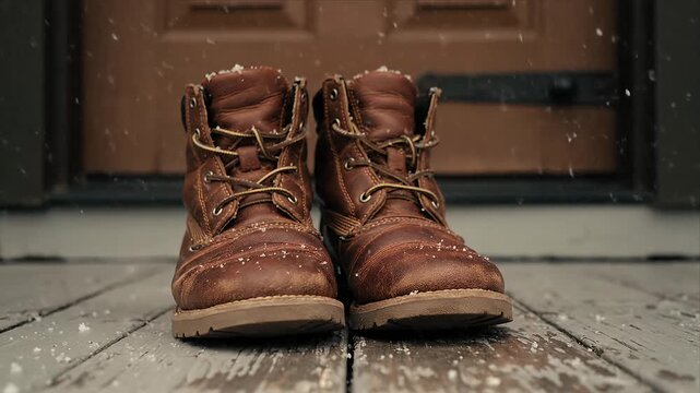 Close-up of rustic brown leather work boots covered in falling snow on a cozy wooden porch during winter Ideal for cold weather outdoor activities and festive
