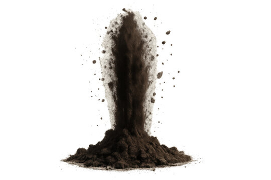 Dirt exploding upwards from impact, creating a dynamic dust cloud with flying soil particles on a transparent background