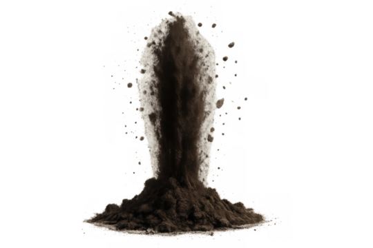Dirt exploding upwards from impact, creating a dynamic dust cloud with flying soil particles on a transparent background