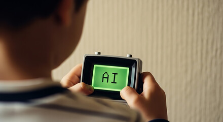 Child holding a device displaying the letters 'AI' in green digital text, suggesting technology and learning