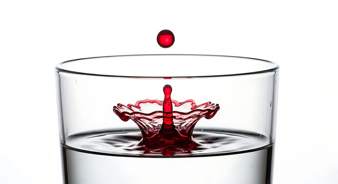 A captivating high-speed photograph capturing the precise moment a red droplet creates an elegant crown splash in a glass of clear water against a white background - Powered by Adobe
