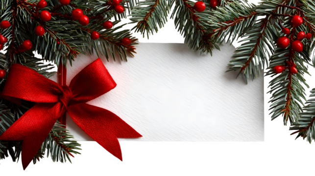 Christmas card frame decorated with red ribbon and fir tree branches isolated on white background