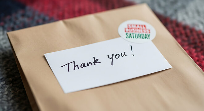A heartfelt handwritten 'Thank you!' note attached to a brown paper package, expressing sincere gratitude and appreciation for support or a gift