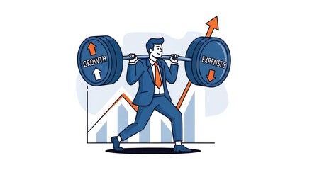 Businessman lifting growth barbell in a financial chart illustration.