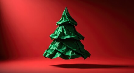 Abstract Green Christmas Tree on Red Background.