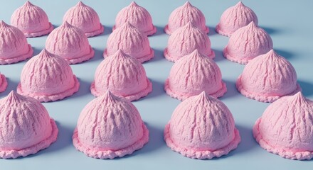 Rows of Pink Meringue Cookies on a Light Blue Background.