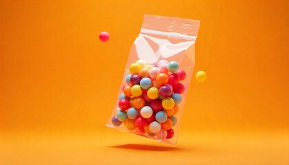 Brighten someone's day with colorful candy balls in a clear bag against vibrant orange, perfect for joyful celebrations and sweet treats advertising