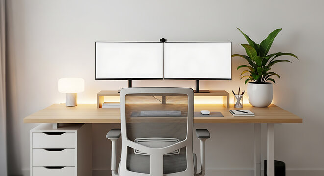 Bright and Clean Home Office Workspace with Dual Monitors, Ergonomic Chair, and Modern Minimalist Design, Ideal for Remote Work and Productivity
