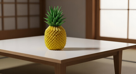 Yellow and green pineapple origami standing on a Japanese-style white table