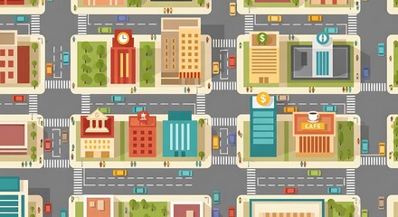 Seamless Cityscape with Buildings, Roads, and Cars from a Top-Down Perspective.