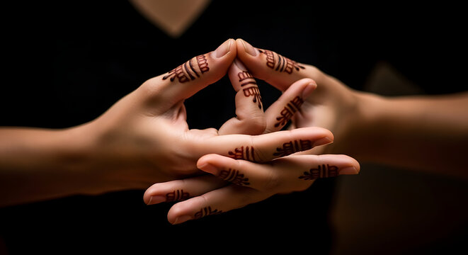 A serene close-up of a woman's hands decorated with traditional henna mehndi in a Hakini mudra, a gesture used in yoga and meditation for concentration